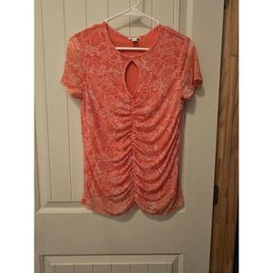 Cato Coral Orange Floral Mesh Ruched Keyhole Top Size Small